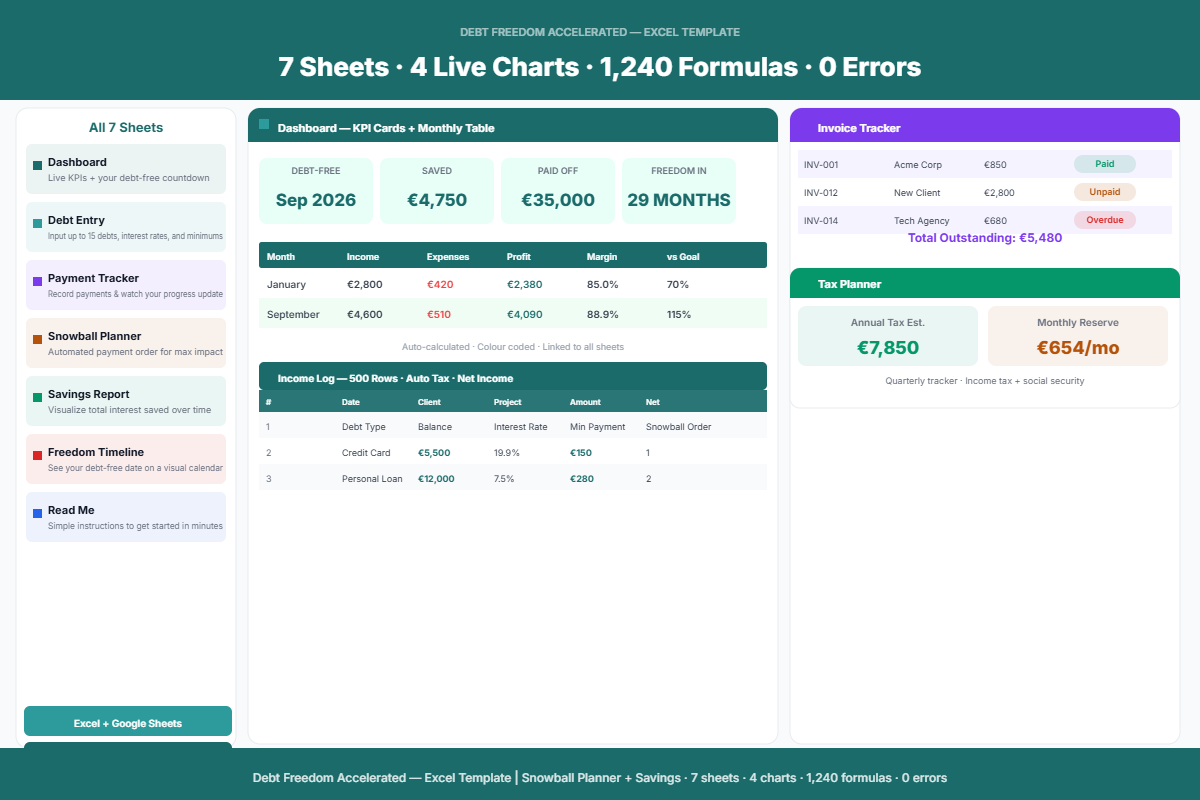 Debt Freedom Accelerated — Excel Template | Snowball Planner + Savings