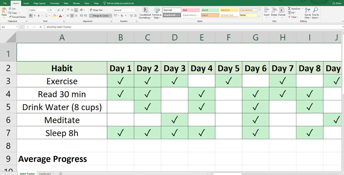 Habit Tracker Excel | 30-Day Progress & Dashboard Template