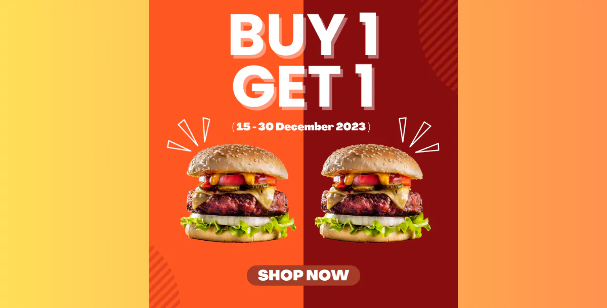 Burger Deal Banner – Canva Editable “Buy 1 Get 1” Food Promotion Template
