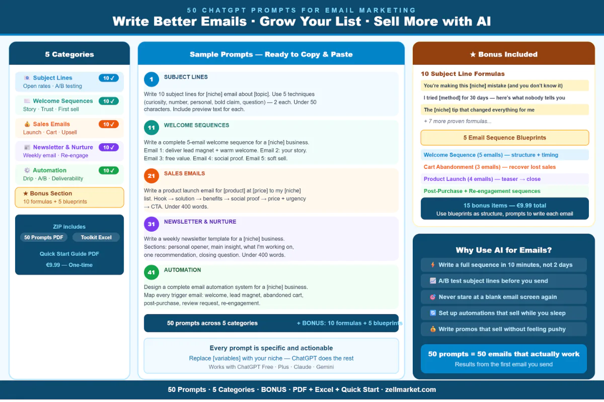 50 ChatGPT Prompts for Email Marketing — Subject Lines + Sequences + Sales + Automation