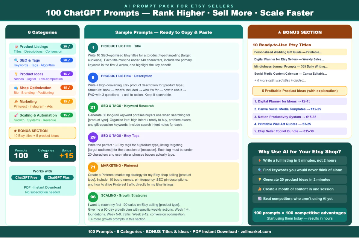 100 ChatGPT Prompts for Etsy Sellers — Listings + SEO + Product Ideas + Marketing